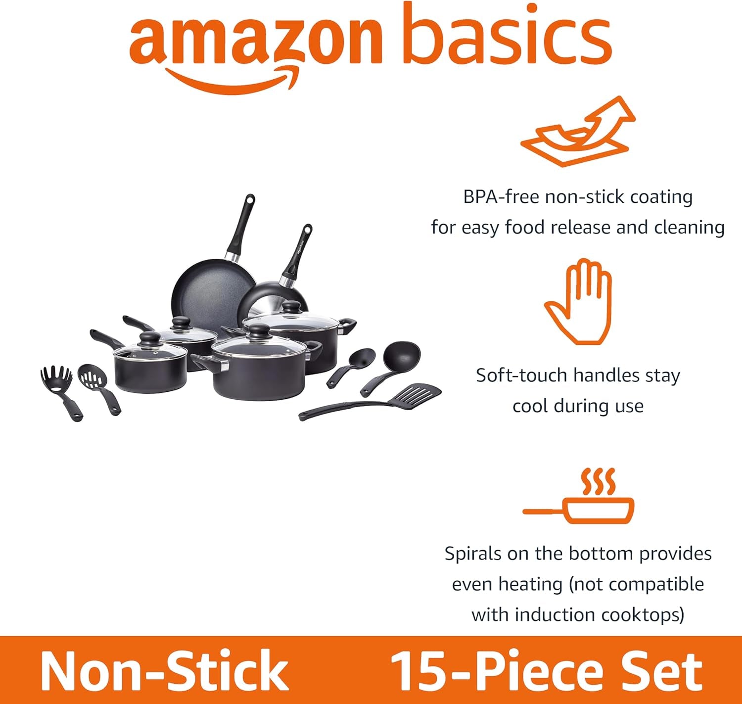 Non Stick 15-Piece Kitchen Cookware Set, Includes Pots, Pans, and Utensils, Black