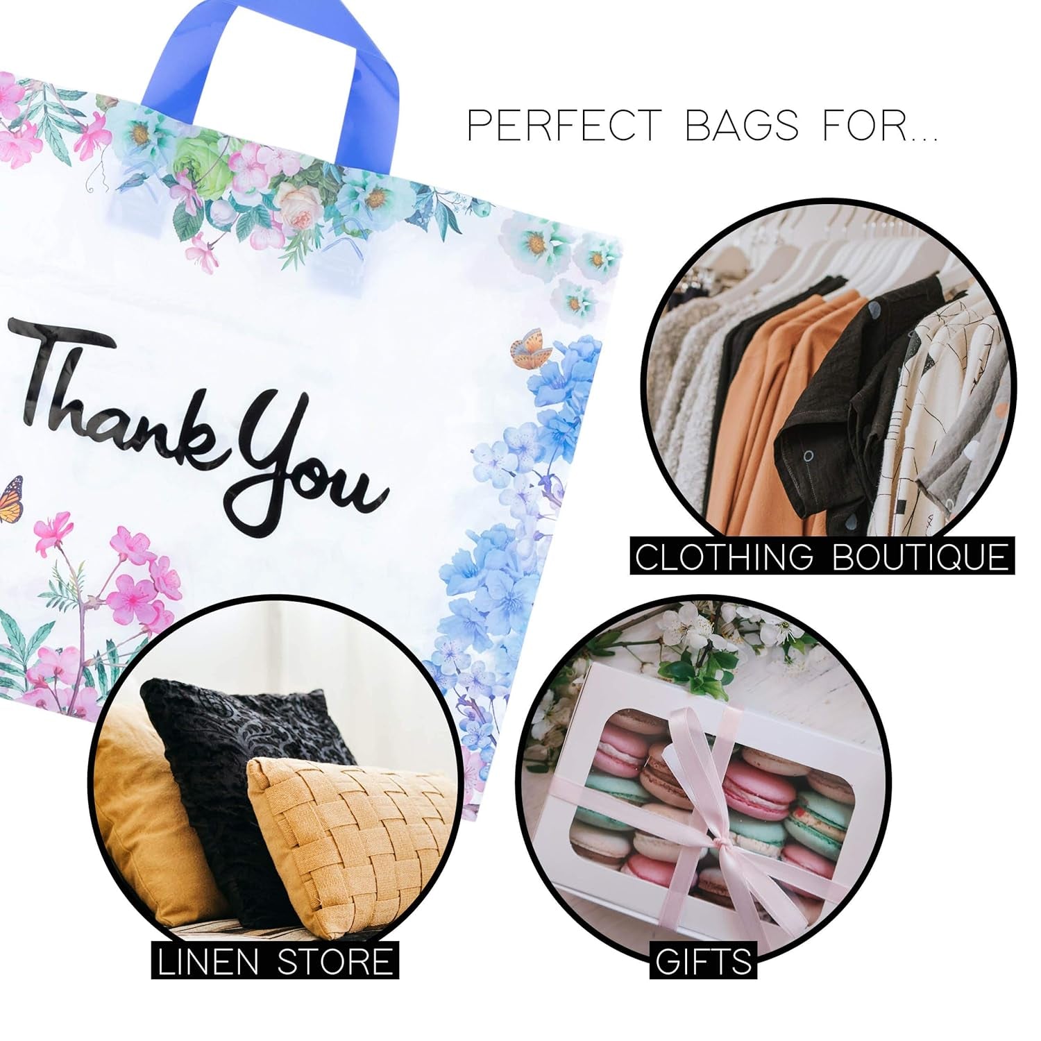 Thank You Bags for Business 50 Pack 15" W X 12" H Floral Plastic Shopping Bags with Soft Loop Handle