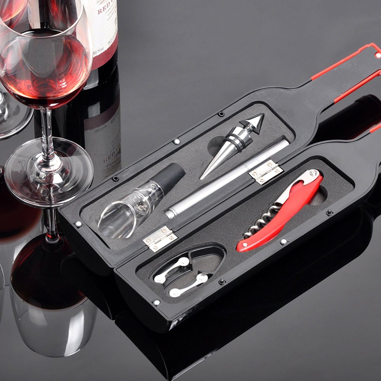 Wine Accessories Christmas Gift Set, 5 Pcs Deluxe Wine Corkscrew Opener Sets Bottle Shape in Elegant Gift Box, Great Wine Christmas Gifts Idea for Wine Lovers, Friends, Coworkers