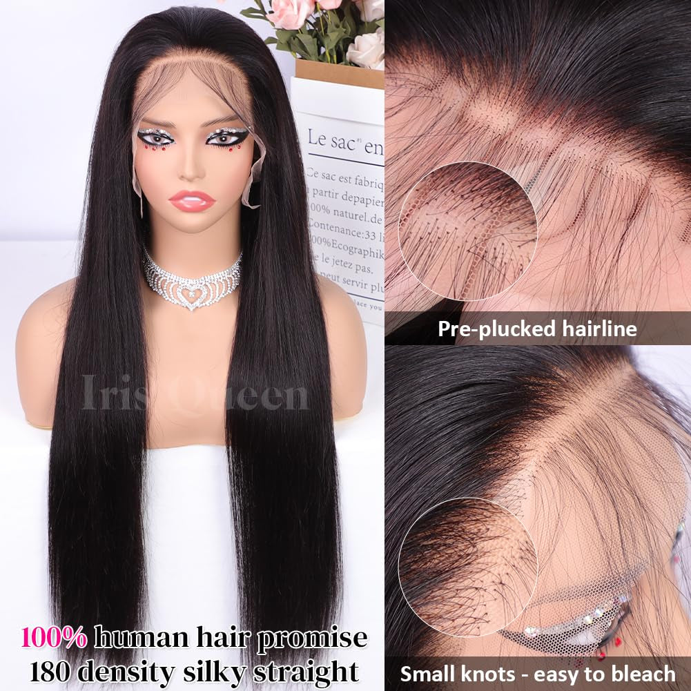 28 Inch Straight HD Lace Front Wigs Human Hair Pre Plucked 180 Density 13X4 Lace Frontal Wig with Baby Hair 12A Transparent Natural Black Wigs for Women