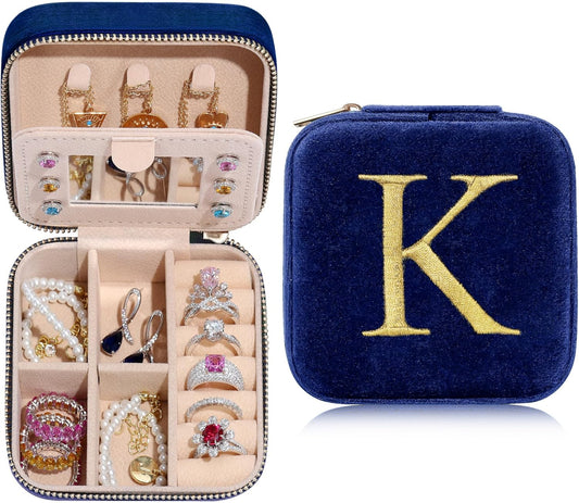 Personalized Plush Velvet Travel Jewelry Box for Women - Small Jewelry Case Organizer Travel Essential for Women Birthday Gift Friends Female Her Teenage Gift Idea - Letter K, Navy Blue