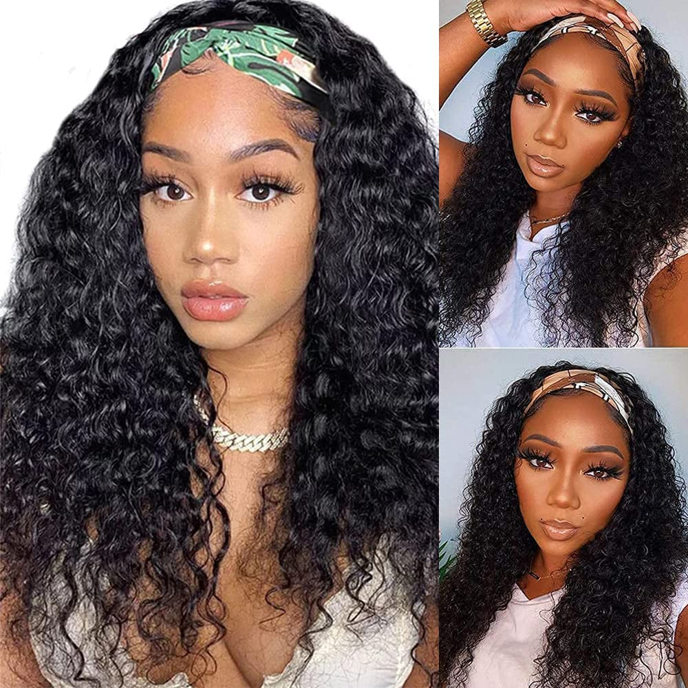 Headband Wig Deep Wave Human Hair Wigs Virgin Hair Wigs 14 Inch None Lace Front Wigs for Black Women Deep Wave Machine Made Wigs Natural Color