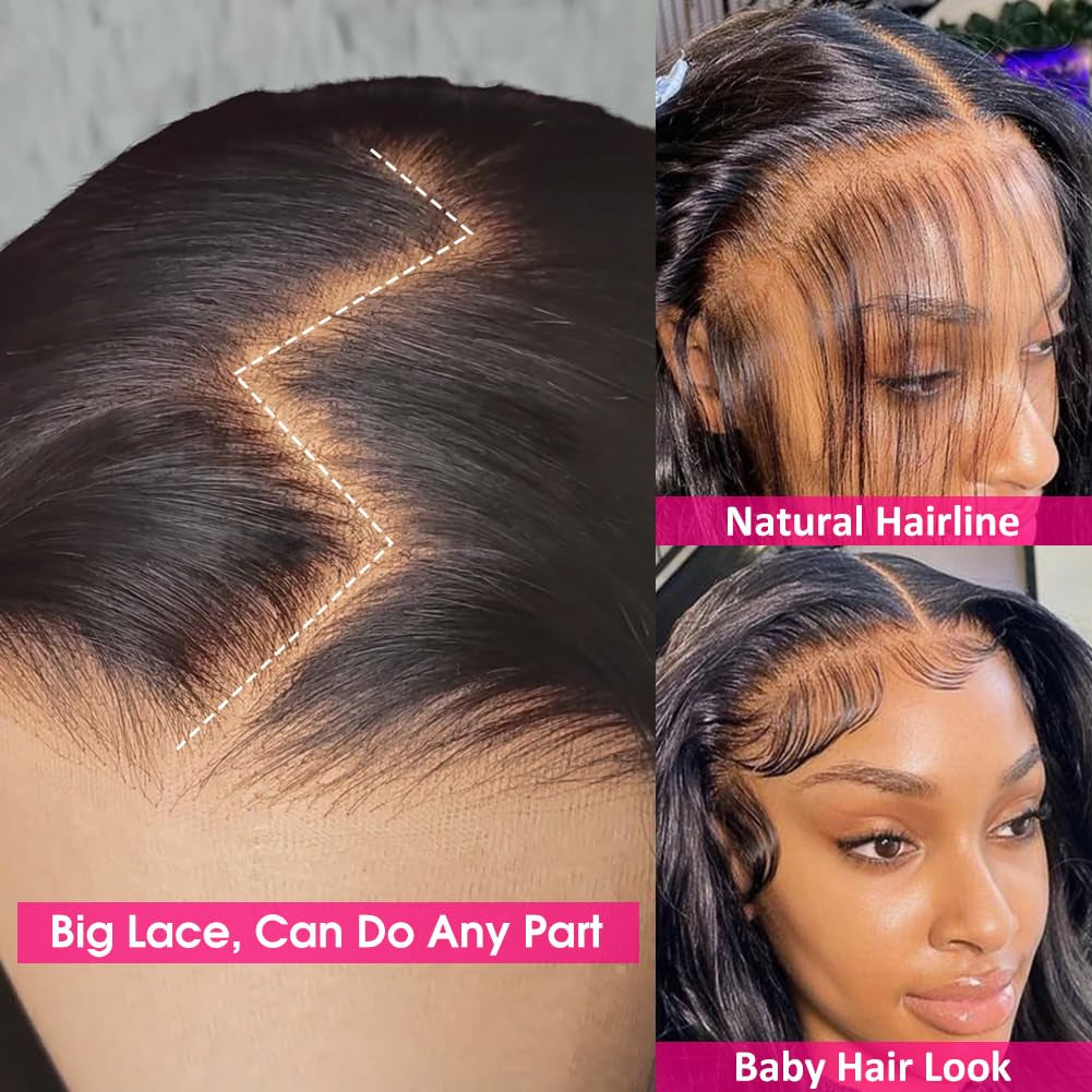 220 Density HD Lace Front Wigs Human Hair Pre Plucked 13X5 Transparent Body Wave Lace Frontal Wig with Baby Hair 12A Glueless Human Hair Wigs for Women Black Color 24 Inch