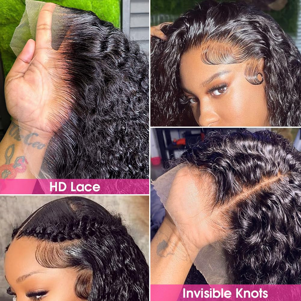 13X4 HD Transparent Lace Front Wigs Human Hair Pre Plucked Bleached Knots with Baby Hair 12A 180 Density Brazilian Deep Wave Frontal Wigs for Black Women(26 Inch, Black Color)