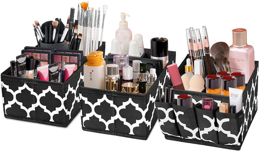 Makeup Drawer Organizer - Small Baskets Bins for Organizing, Desktop Caddy Storage Organizer, Fabric Portable Divided Box for Bathroom Countertop, Office, Cosmetic, Face Care Set of 3 (Black)