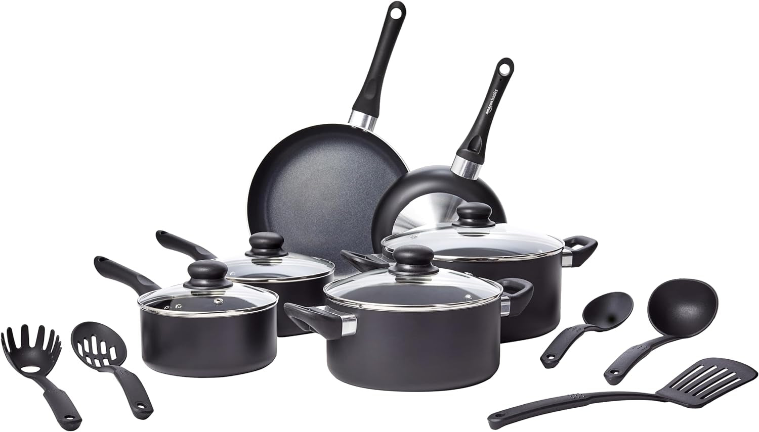 Non Stick 15-Piece Kitchen Cookware Set, Includes Pots, Pans, and Utensils, Black