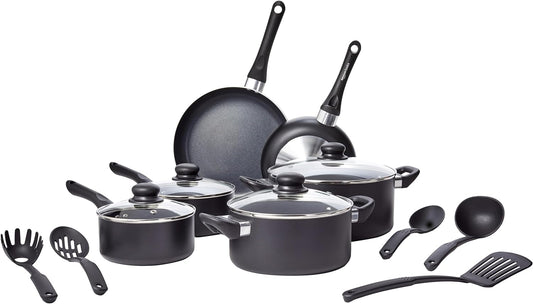 Non Stick 15-Piece Kitchen Cookware Set, Includes Pots, Pans, and Utensils, Black