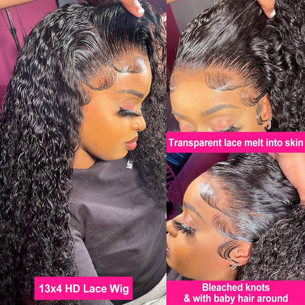 13X4 HD Transparent Lace Front Wigs Human Hair Pre Plucked Bleached Knots with Baby Hair 12A 180 Density Brazilian Deep Wave Frontal Wigs for Black Women(26 Inch, Black Color)