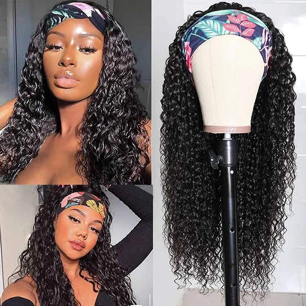 Headband Wig Human Hair 30 Inch Deep Wave Wig Glueless None Lace Front Wigs Human Hair for Black Women 150% Density Wig Curly Human Hair Natural Color Long Wig