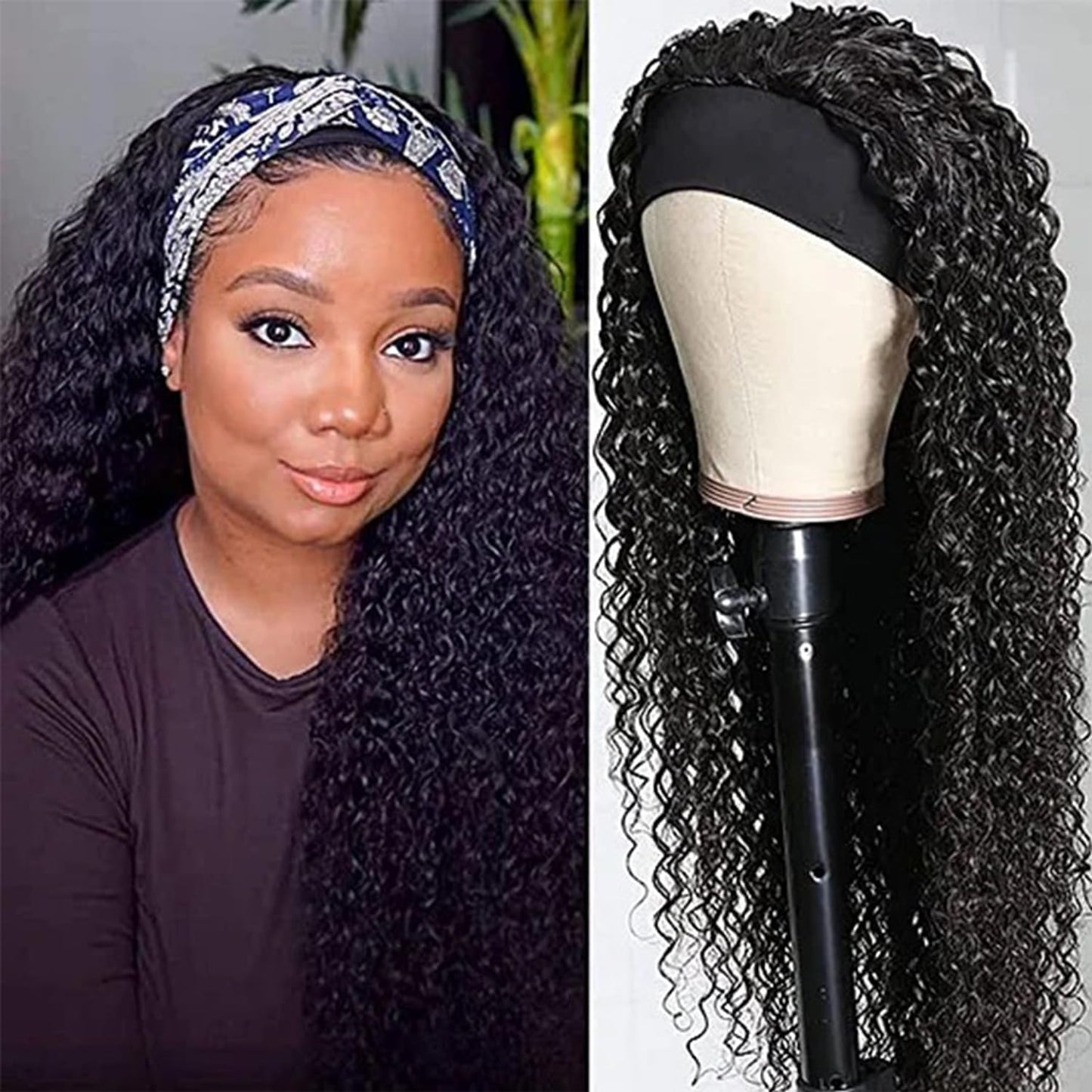 Headband Wig Human Hair 30 Inch Deep Wave Wig Glueless None Lace Front Wigs Human Hair for Black Women 150% Density Wig Curly Human Hair Natural Color Long Wig