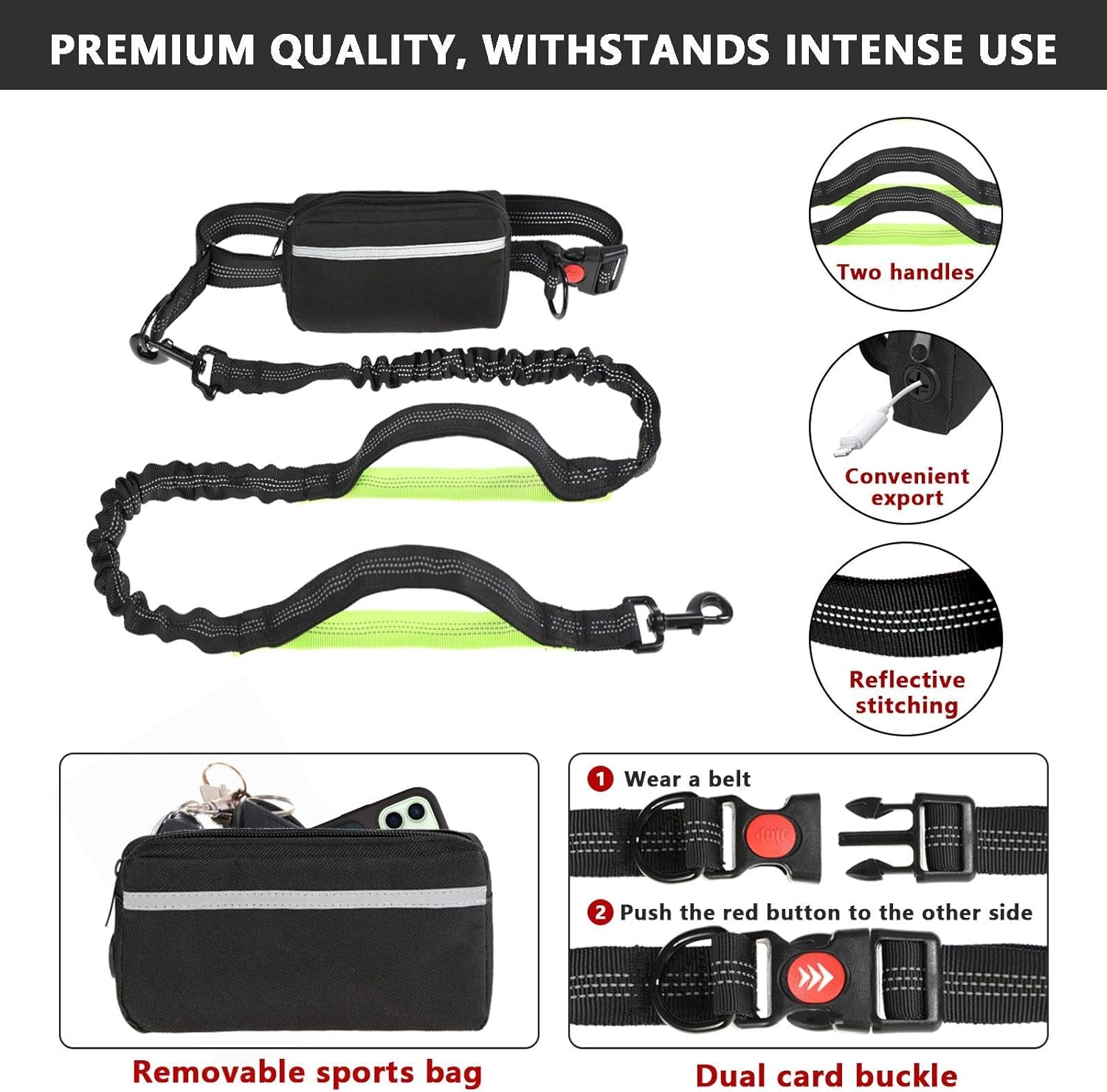 Hands Free Dog Leash, Suitable for Running Walking Jogging Hiking, Training for Small Medium and Large Dogs, Adjustable Waist Belt, Dual-Handle Reflective Bungee, Zipper Pouch. (Black W Green)