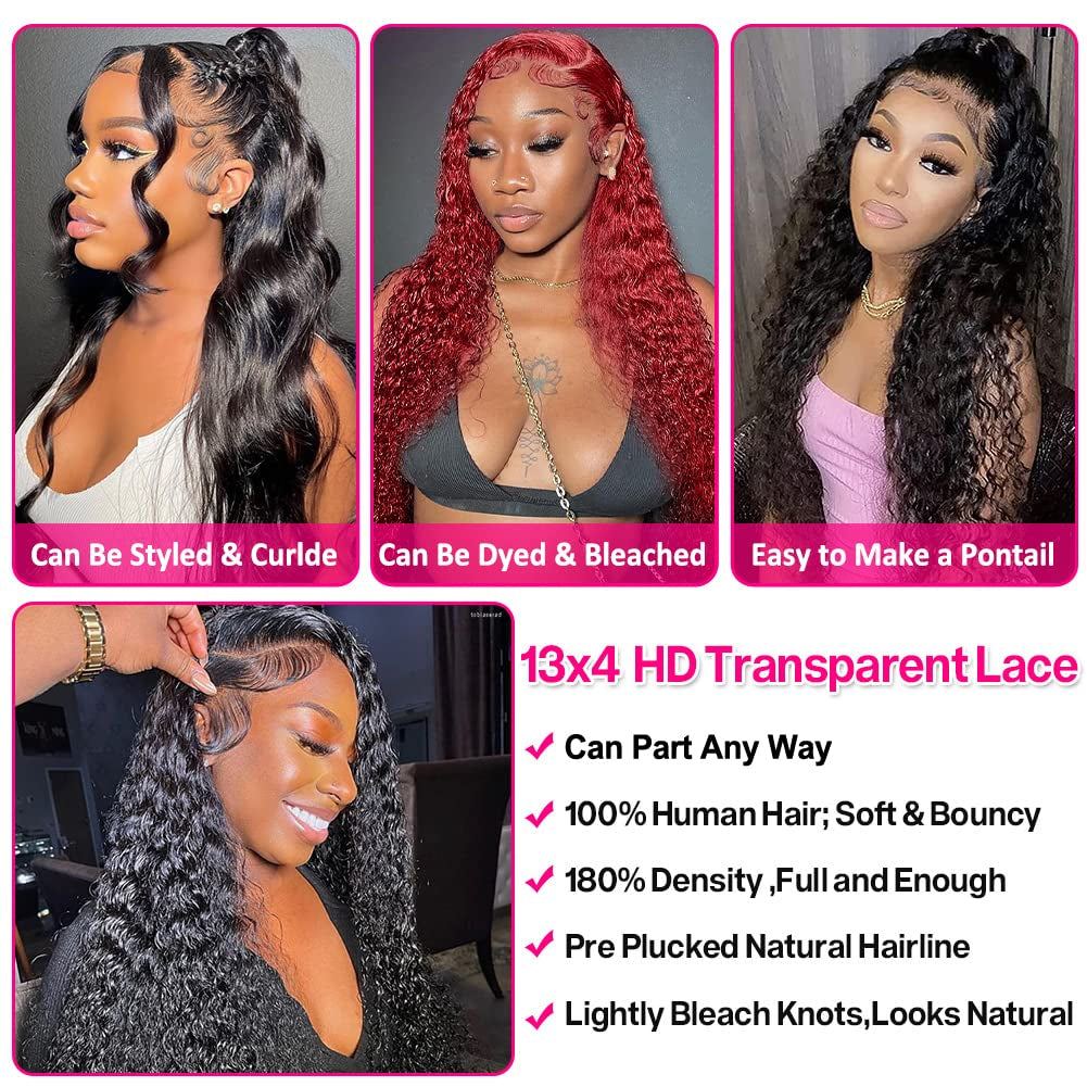 13X4 HD Transparent Lace Front Wigs Human Hair Pre Plucked Hairline with Baby Hair 180 Density Brazilian Water Wave Wigs for Black Women(20 Inch)