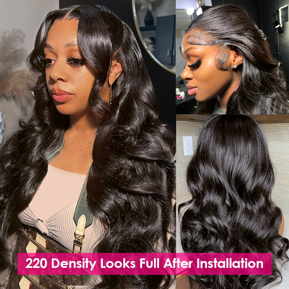 220 Density HD Lace Front Wigs Human Hair Pre Plucked 13X5 Transparent Body Wave Lace Frontal Wig with Baby Hair 12A Glueless Human Hair Wigs for Women Black Color 24 Inch