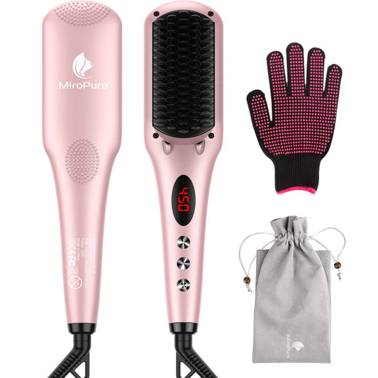 Enhanced Hair Straightener Heat Brush by , 2-In-1 Ceramic Ionic Straightening Brush, Hot Comb with Anti-Scald Feature, Auto Temperature Lock & Auto-Off Function (Pink) 4 Piece Set