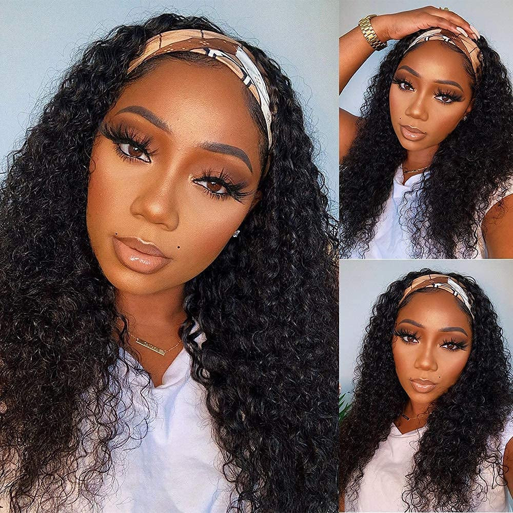 Headband Wig Deep Wave Human Hair Wigs Virgin Hair Wigs 14 Inch None Lace Front Wigs for Black Women Deep Wave Machine Made Wigs Natural Color