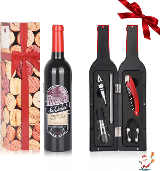 Wine Accessories Christmas Gift Set, 5 Pcs Deluxe Wine Corkscrew Opener Sets Bottle Shape in Elegant Gift Box, Great Wine Christmas Gifts Idea for Wine Lovers, Friends, Coworkers