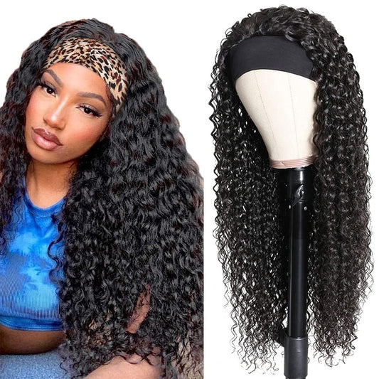 Deep Wave Headband Wig Human Hair 18 Inch Curly Headband Wigs for Black Women Human Hair Glueless None Lace Front Wig Brazilian Virgin Hair Wear and Go Wigs 150% Density Natural Black Color