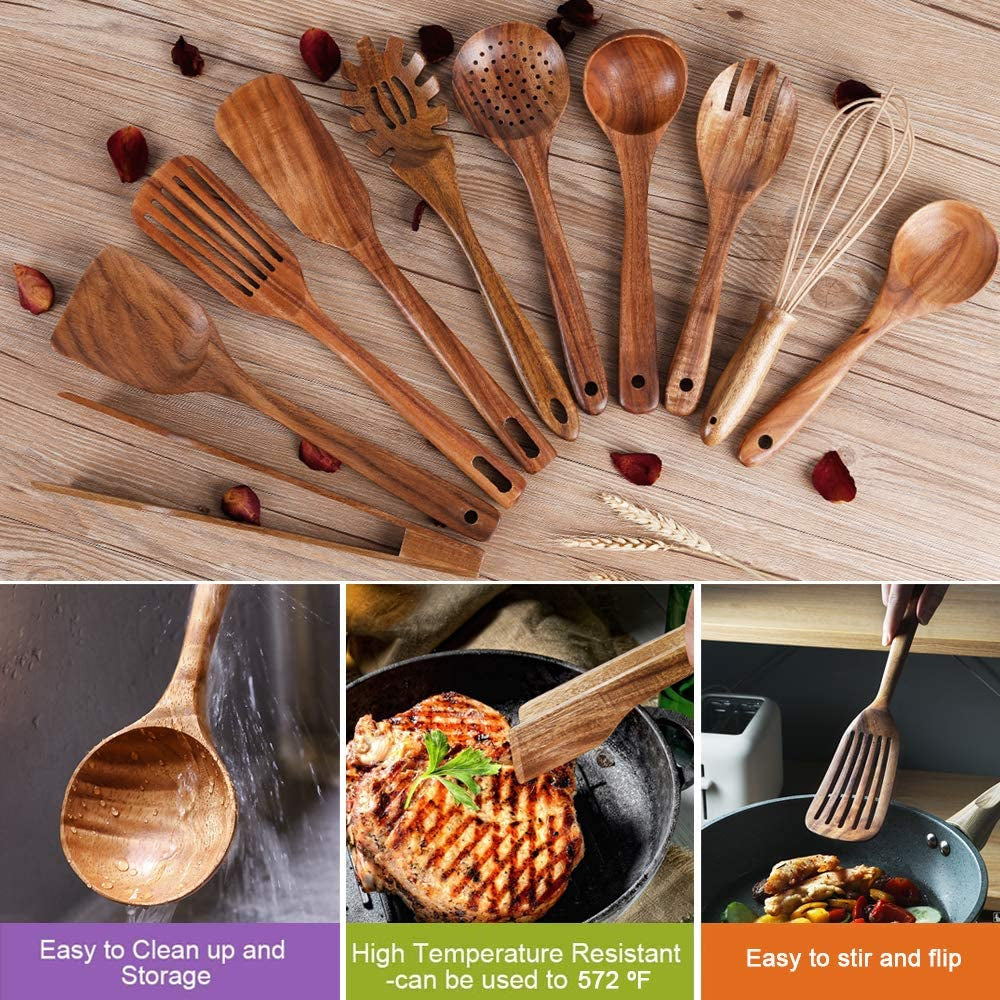 Kitchen Utenails Set with Holder,Kitchen Wooden Utensils for Cooking, Wood Utensil Natural Teak Wood Spoons for Cooking,Wooden Kitchen Utensil Set with Spatula and Ladle (11)