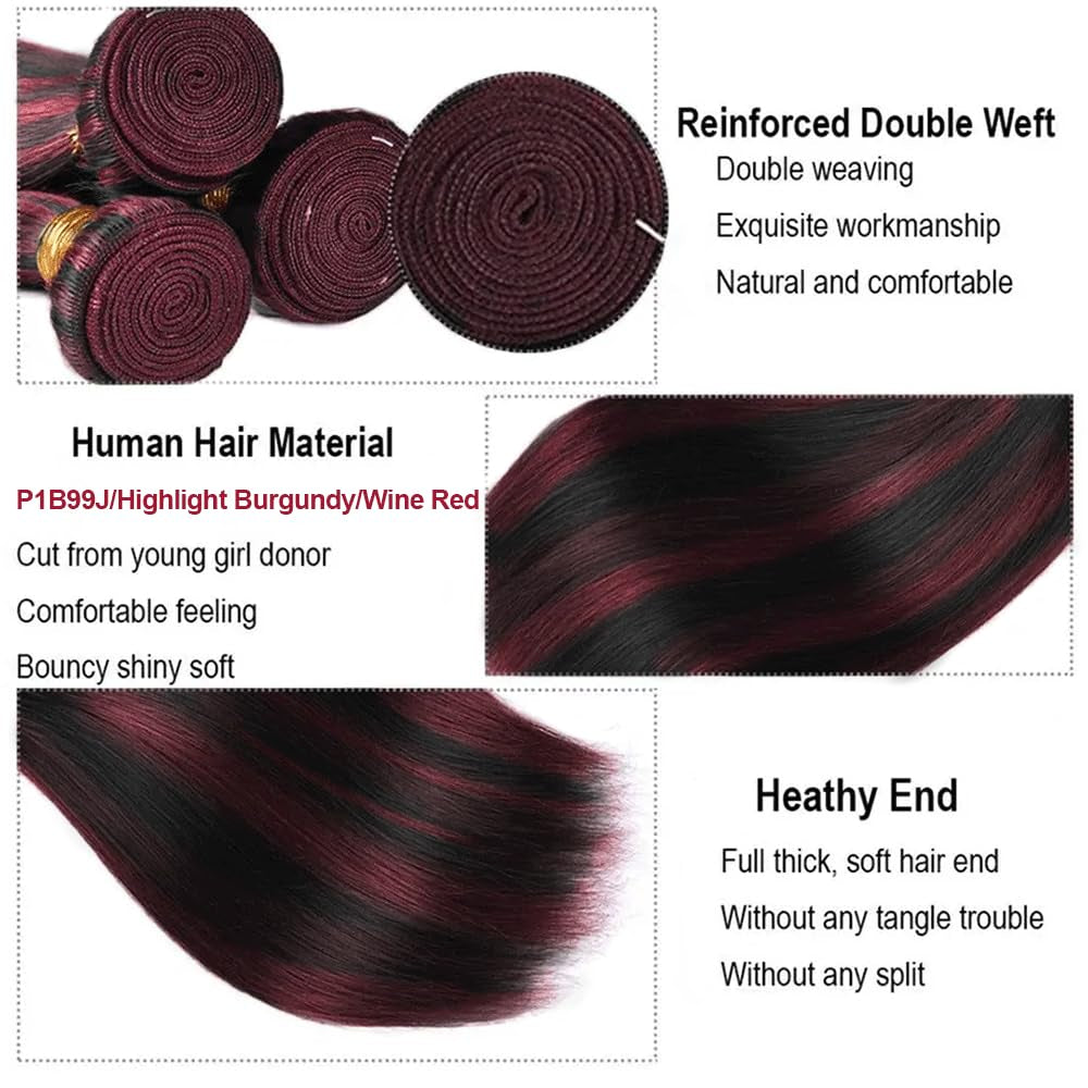 P1B99J Wine Red Ombre Straight Human Hair Bundles - 30 Inch Burgundy Two Tone Bundles