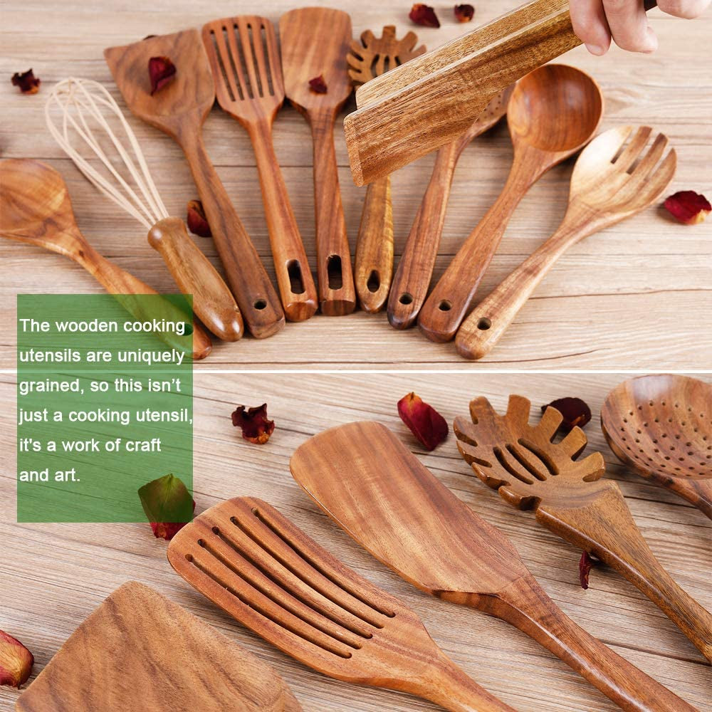 Kitchen Utenails Set with Holder,Kitchen Wooden Utensils for Cooking, Wood Utensil Natural Teak Wood Spoons for Cooking,Wooden Kitchen Utensil Set with Spatula and Ladle (11)