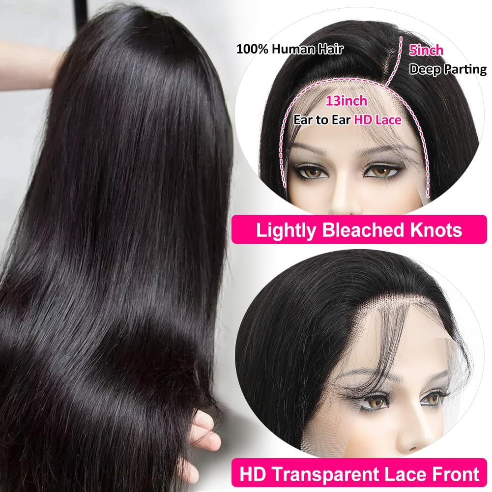 13X5 HD Lace Front Wigs Human Hair Pre Plucked Hairline with Baby Hair Glueless 180 Density Transparent Straight Human Hair Wigs for Black Women Natural Black Color (26Inch)