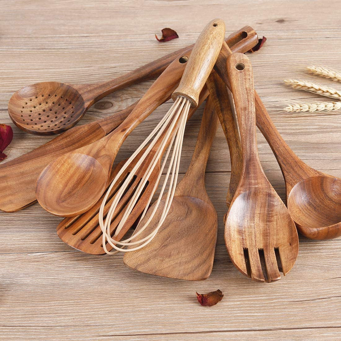 Kitchen Utenails Set with Holder,Kitchen Wooden Utensils for Cooking, Wood Utensil Natural Teak Wood Spoons for Cooking,Wooden Kitchen Utensil Set with Spatula and Ladle (11)