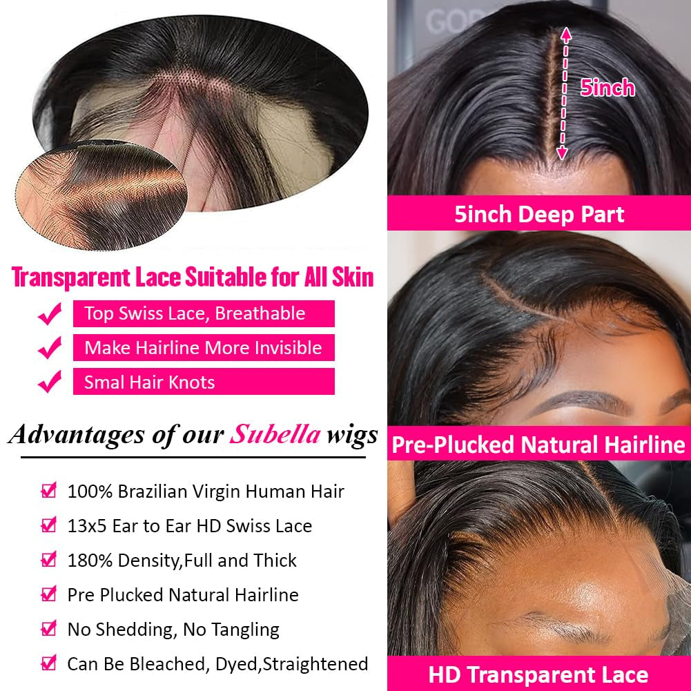 13X5 HD Lace Front Wigs Human Hair Pre Plucked Hairline with Baby Hair Glueless 180 Density Transparent Straight Human Hair Wigs for Black Women Natural Black Color (26Inch)