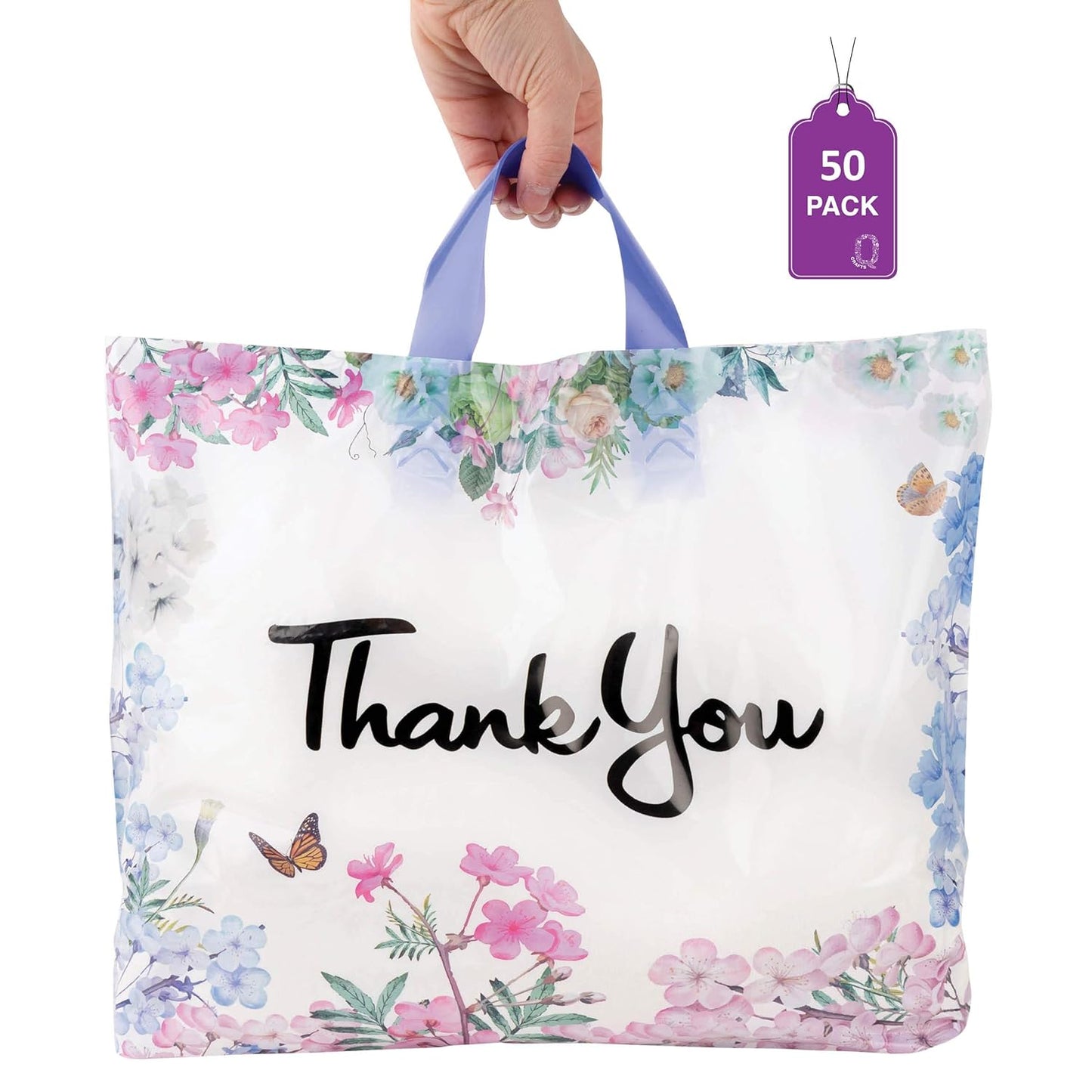 Thank You Bags for Business 50 Pack 15" W X 12" H Floral Plastic Shopping Bags with Soft Loop Handle