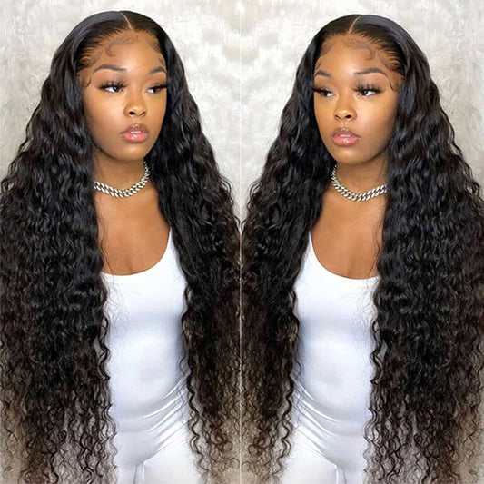 13X4 HD Transparent Lace Front Wigs Human Hair Pre Plucked Bleached Knots with Baby Hair 12A 180 Density Brazilian Deep Wave Frontal Wigs for Black Women(26 Inch, Black Color)