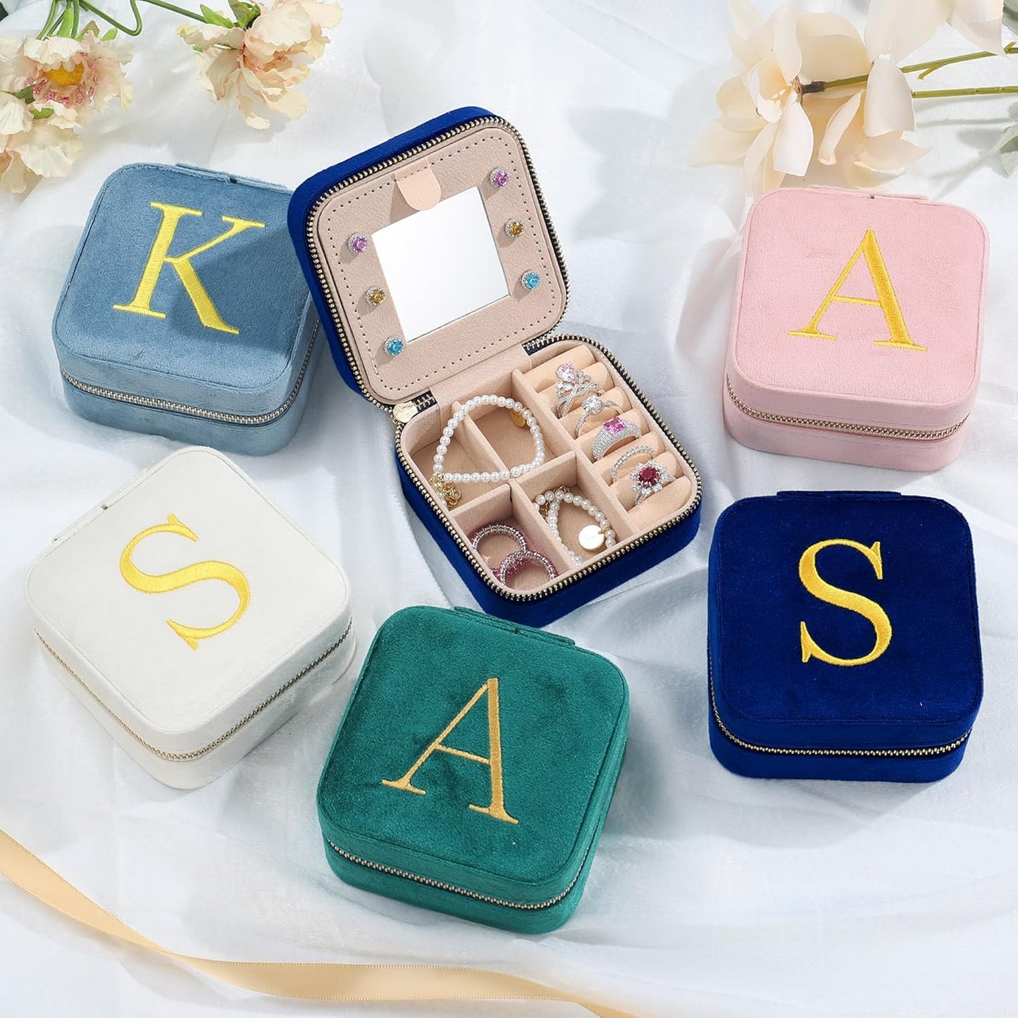 Personalized Plush Velvet Travel Jewelry Box for Women - Small Jewelry Case Organizer Travel Essential for Women Birthday Gift Friends Female Her Teenage Gift Idea - Letter K, Navy Blue