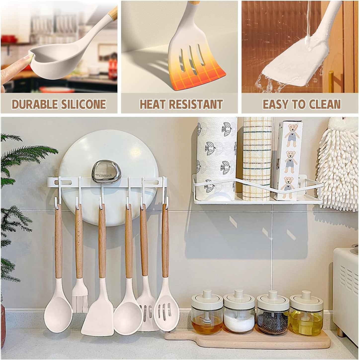 Kitchen Cooking Utensils Set, 33 Pcs Non-Stick Silicone Cooking Kitchen Utensils Spatula Set with Holder, Wooden Handle Silicone Kitchen Gadgets Utensil Set (Khaki)