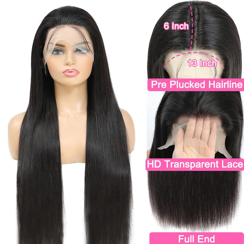 250% Density 30 Inch 13X6 Lace Front Wigs Human Hair Straight HD Transparent Lace Front Human Hair Wigs for Black Women Glueless Wigs Human Hair Pre Plucked with Baby Hair