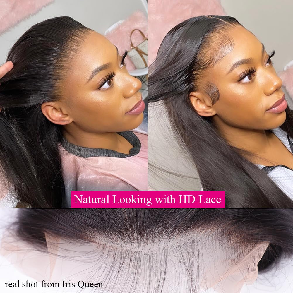 28 Inch Straight HD Lace Front Wigs Human Hair Pre Plucked 180 Density 13X4 Lace Frontal Wig with Baby Hair 12A Transparent Natural Black Wigs for Women