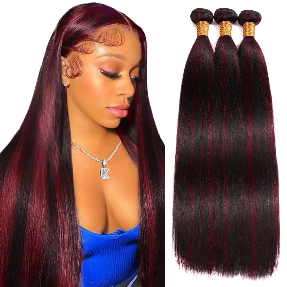 P1B99J Wine Red Ombre Straight Human Hair Bundles - 30 Inch Burgundy Two Tone Bundles