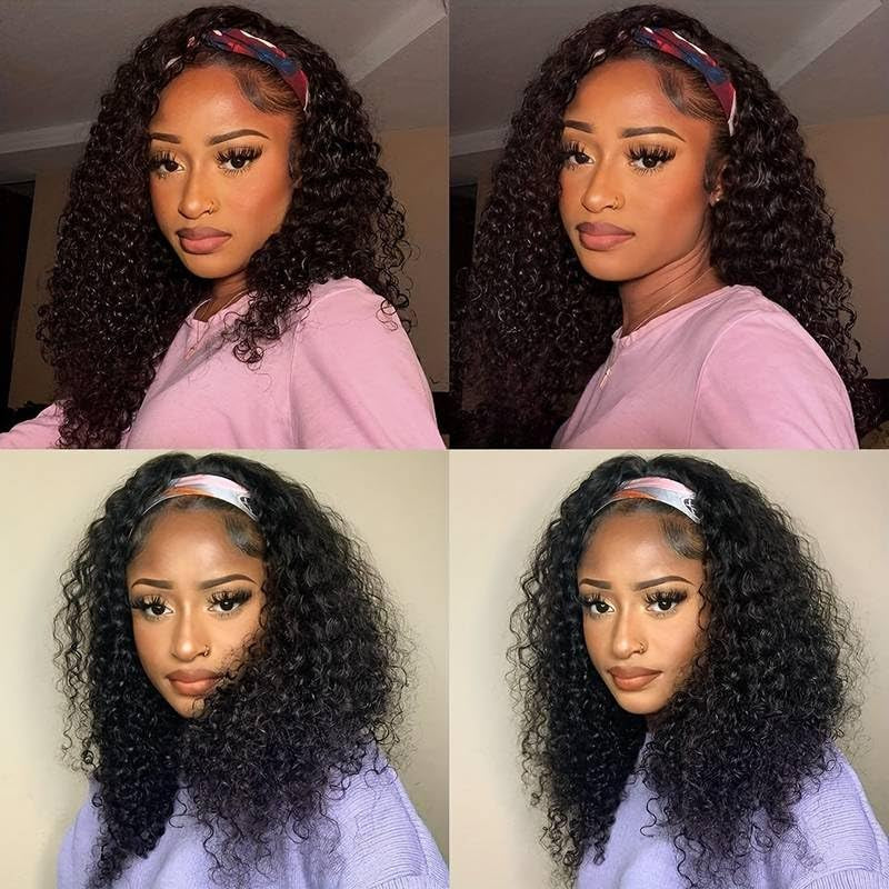 Headband Wig Human Hair 30 Inch Deep Wave Wig Glueless None Lace Front Wigs Human Hair for Black Women 150% Density Wig Curly Human Hair Natural Color Long Wig