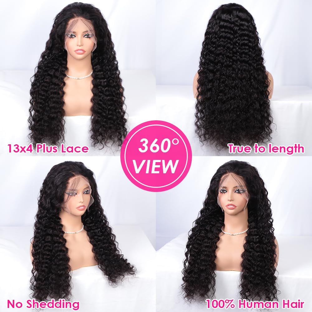 13X4 HD Transparent Lace Front Wigs Human Hair Pre Plucked Bleached Knots with Baby Hair 12A 180 Density Brazilian Deep Wave Frontal Wigs for Black Women(26 Inch, Black Color)