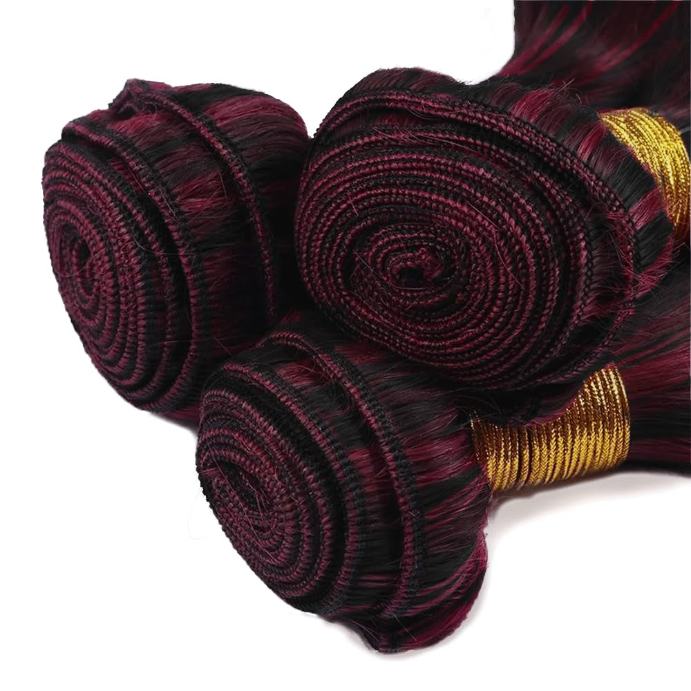 P1B99J Wine Red Ombre Straight Human Hair Bundles - 30 Inch Burgundy Two Tone Bundles