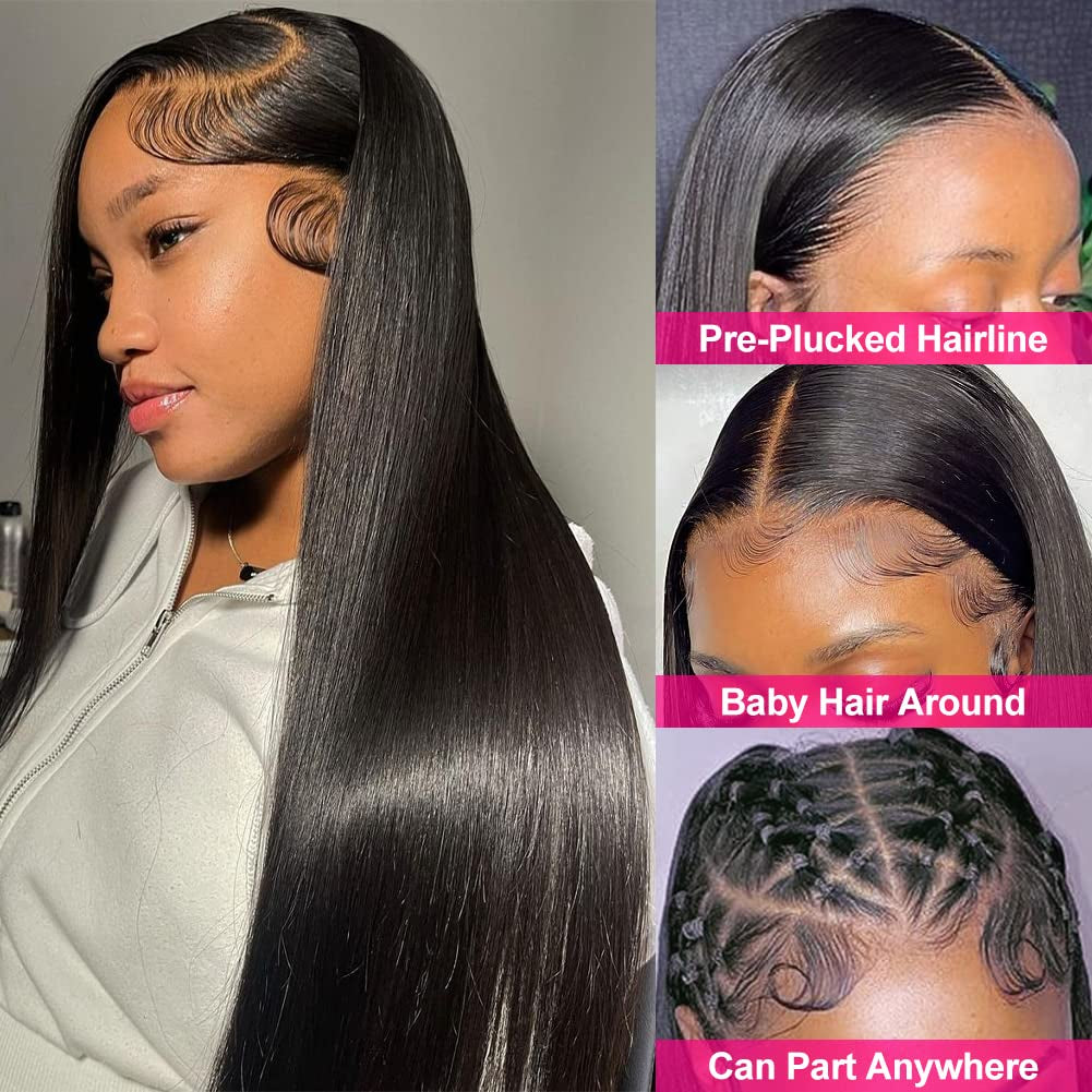 28 Inch Straight HD Lace Front Wigs Human Hair Pre Plucked 180 Density 13X4 Lace Frontal Wig with Baby Hair 12A Transparent Natural Black Wigs for Women