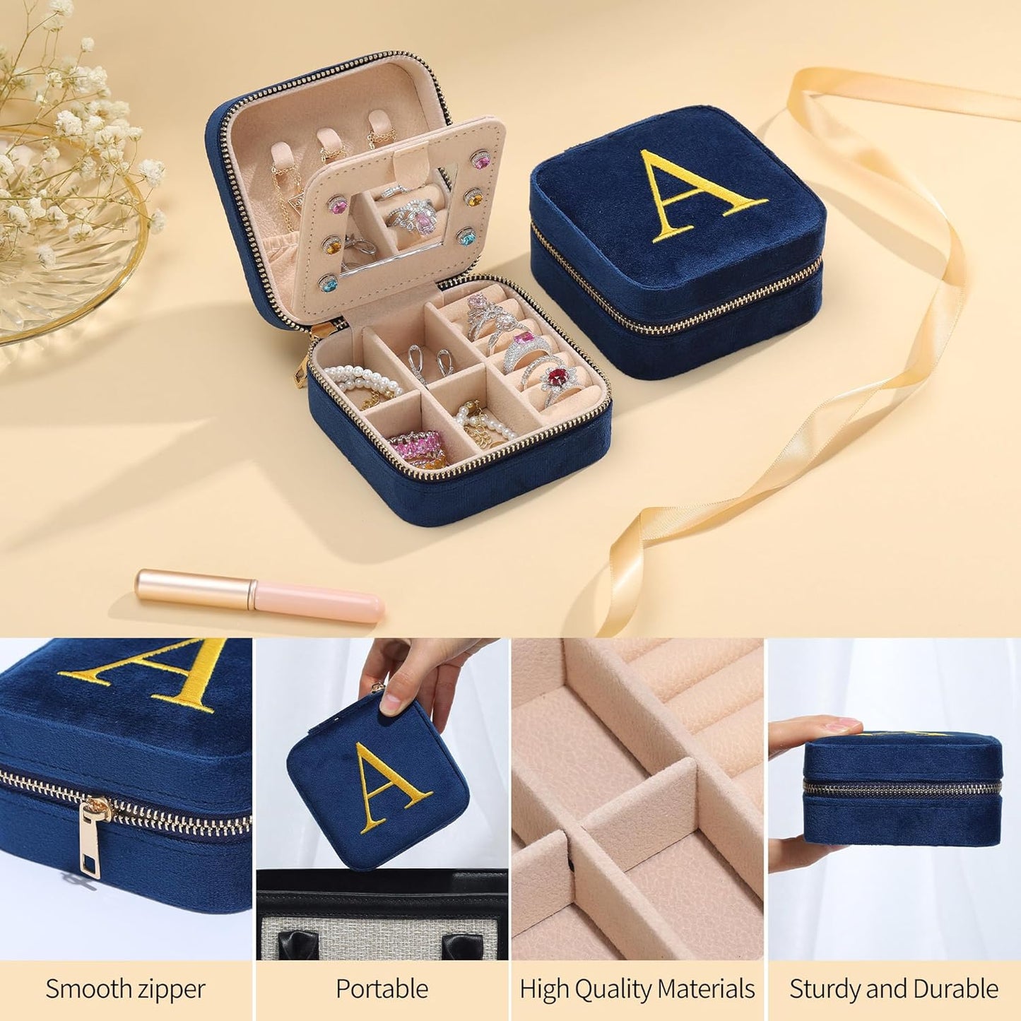 Personalized Plush Velvet Travel Jewelry Box for Women - Small Jewelry Case Organizer Travel Essential for Women Birthday Gift Friends Female Her Teenage Gift Idea - Letter K, Navy Blue