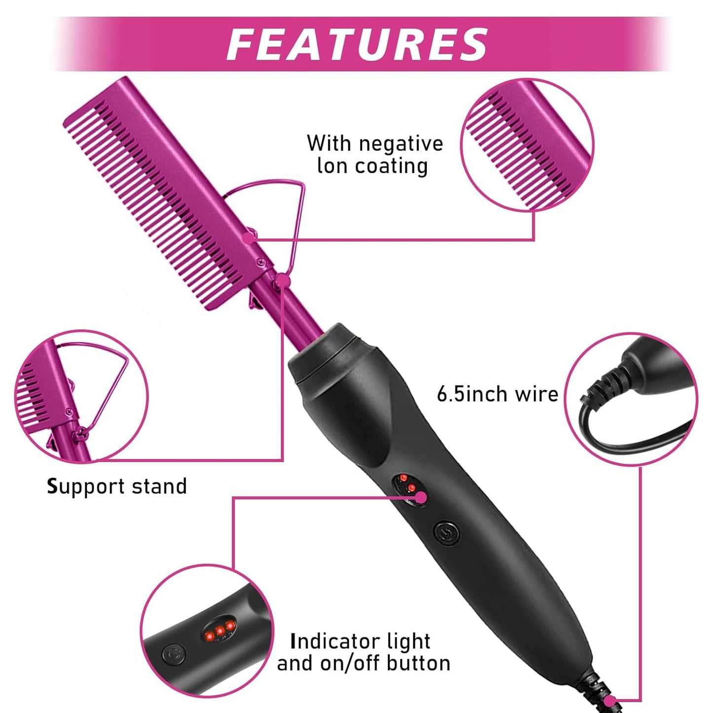 Hot Comb Straightener for Wigs and Natural Hair - Ceramic Electric Hair Straightening Comb, Curling Iron & Pressing Combs Kit