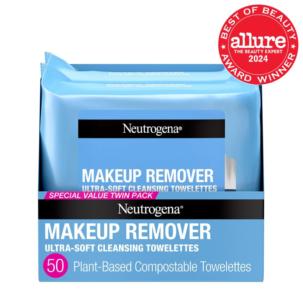 Makeup Remover Wipes, Ultra-Soft Cleansing Facial Towelettes for Waterproof Makeup, Alcohol-Free, Plant-Based, Twin Pack, 25 Count (Pack of 2)