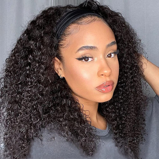 Curly Headband Wig Human Hair 16 Inch No Gel Kinky Curly Headband Wigs for Black Women 180 Density Scarf None Lace Front Wigs Human Hair
