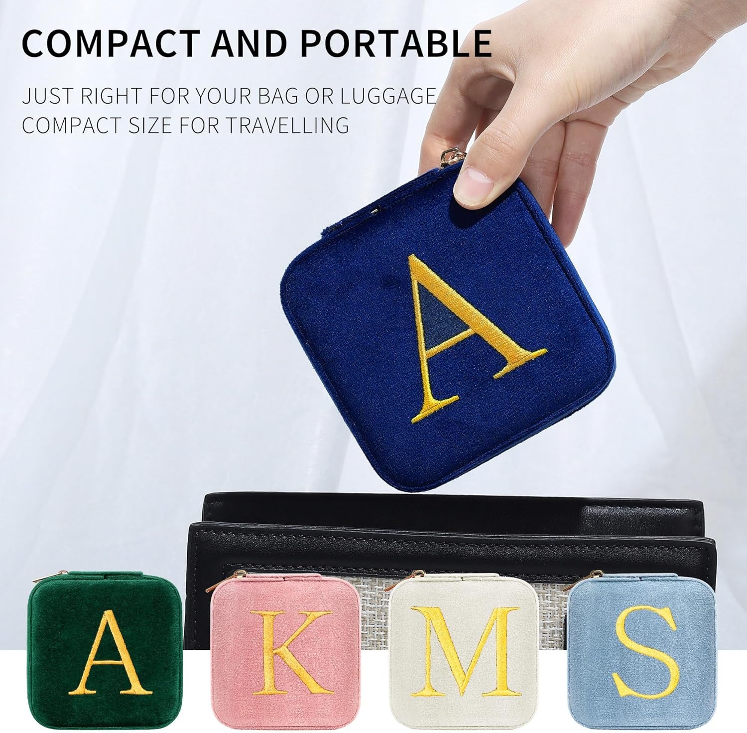 Personalized Plush Velvet Travel Jewelry Box for Women - Small Jewelry Case Organizer Travel Essential for Women Birthday Gift Friends Female Her Teenage Gift Idea - Letter K, Navy Blue