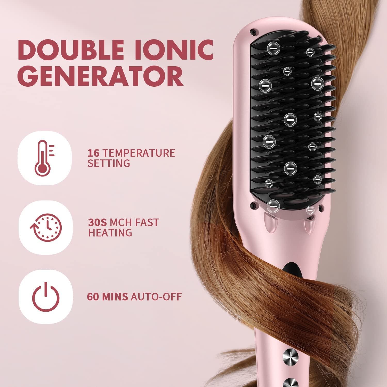 Enhanced Hair Straightener Heat Brush by , 2-In-1 Ceramic Ionic Straightening Brush, Hot Comb with Anti-Scald Feature, Auto Temperature Lock & Auto-Off Function (Pink) 4 Piece Set