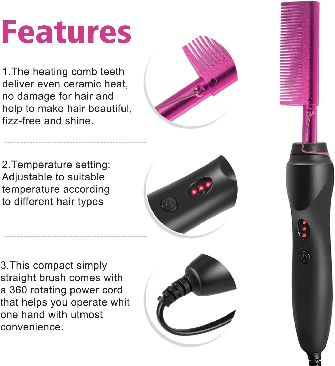 Hot Comb Straightener for Wigs and Natural Hair - Ceramic Electric Hair Straightening Comb, Curling Iron & Pressing Combs Kit