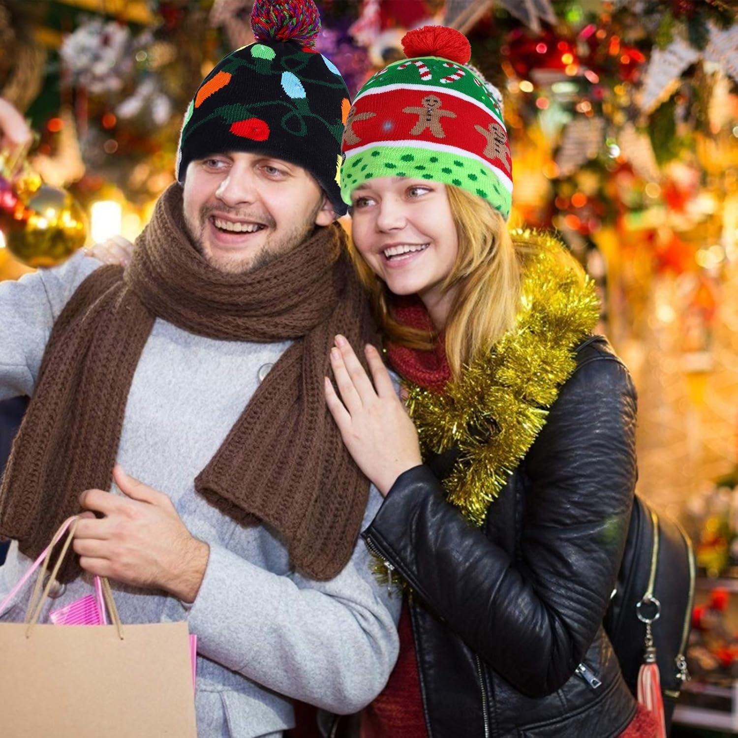 2 Pack Christmas LED Light-Up Knitted Beanie Hat Colorful Flashing Holiday Xmas Christmas Party Supplies(One Size Fits More)