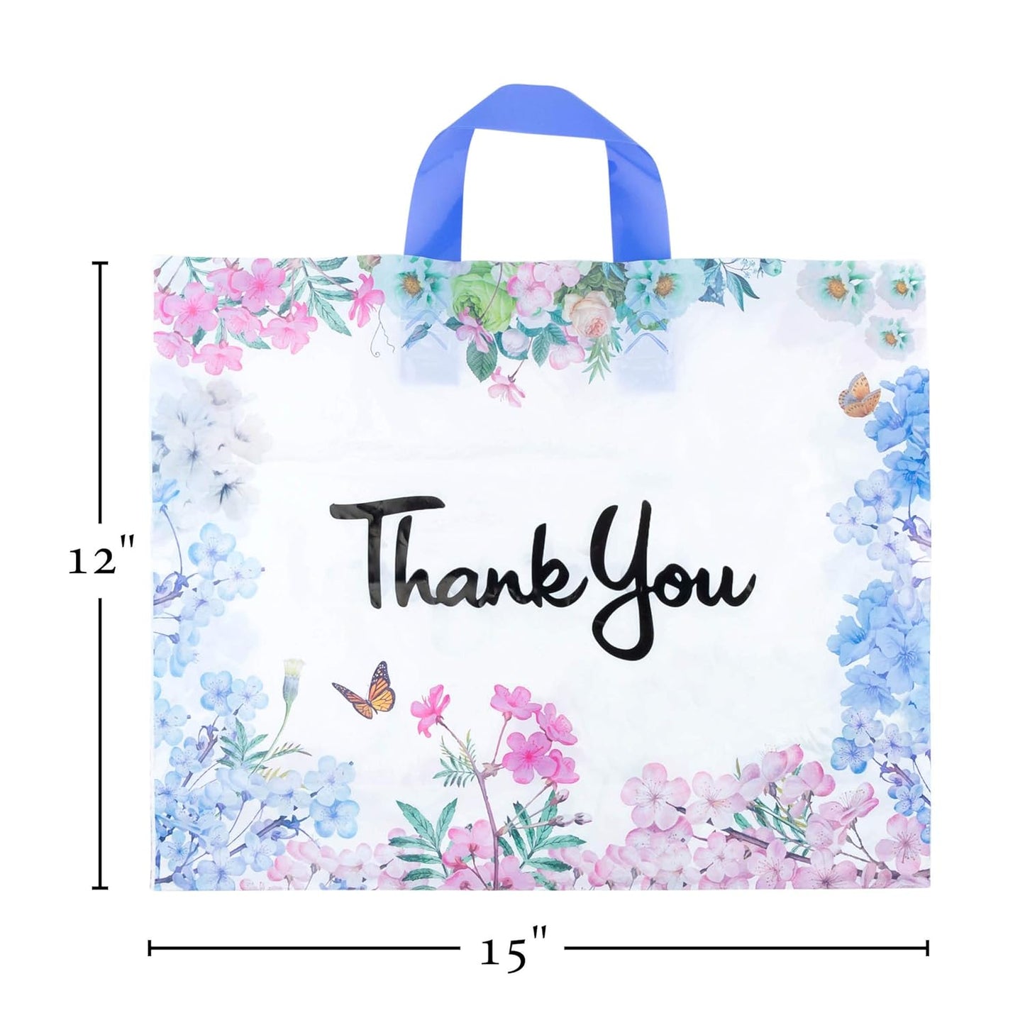 Thank You Bags for Business 50 Pack 15" W X 12" H Floral Plastic Shopping Bags with Soft Loop Handle