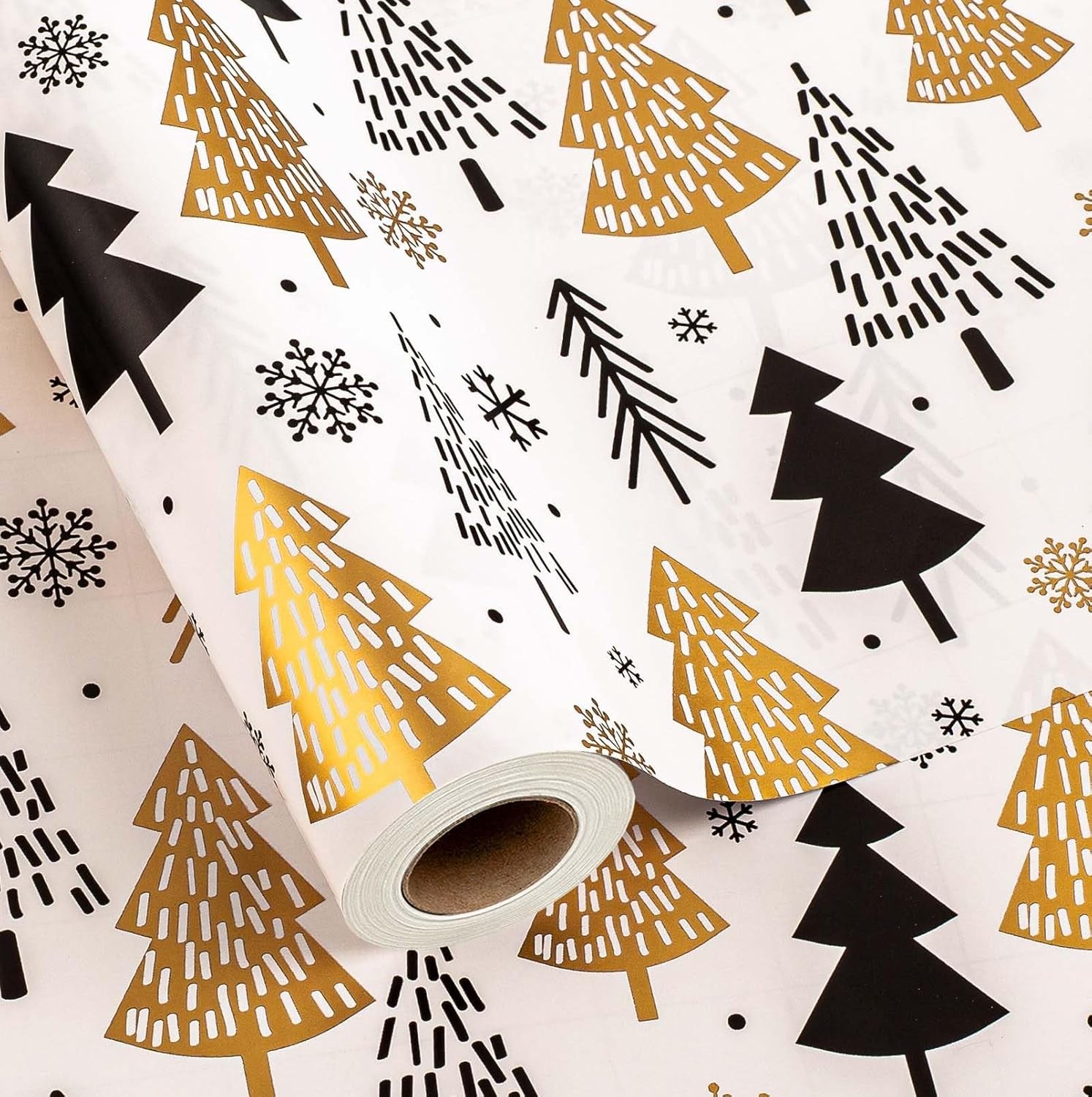 Christmas Trees Gift Wrapping Paper - 17 Inch X 33 Feet - Minimalistic Elegant Christmas Trees with Gold Design Winter Holiday Gift Wrap Sheet for Party, DIY Crafts & Festive Decoration