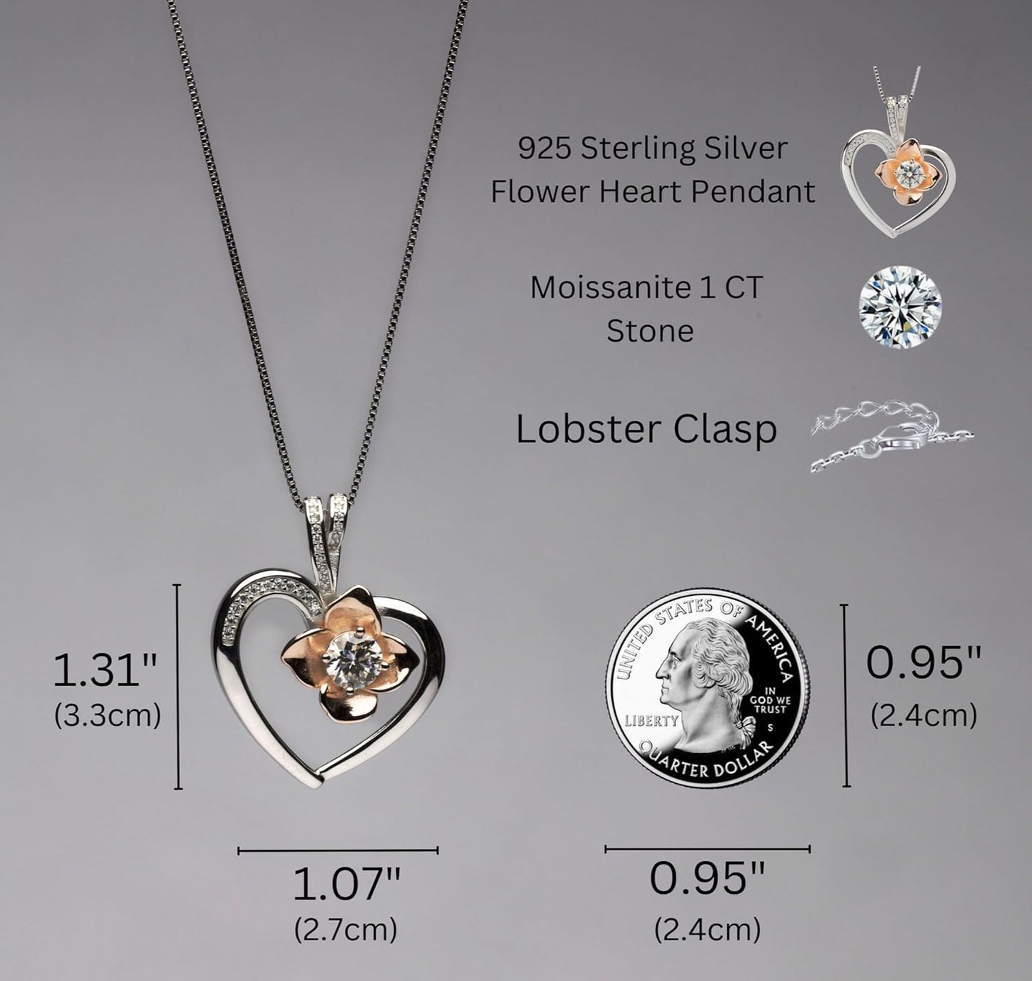 Kari Luxe Platinum Plated Flower in Heart Necklace with 1CT Moissanite Pendant Necklace Gift for Women