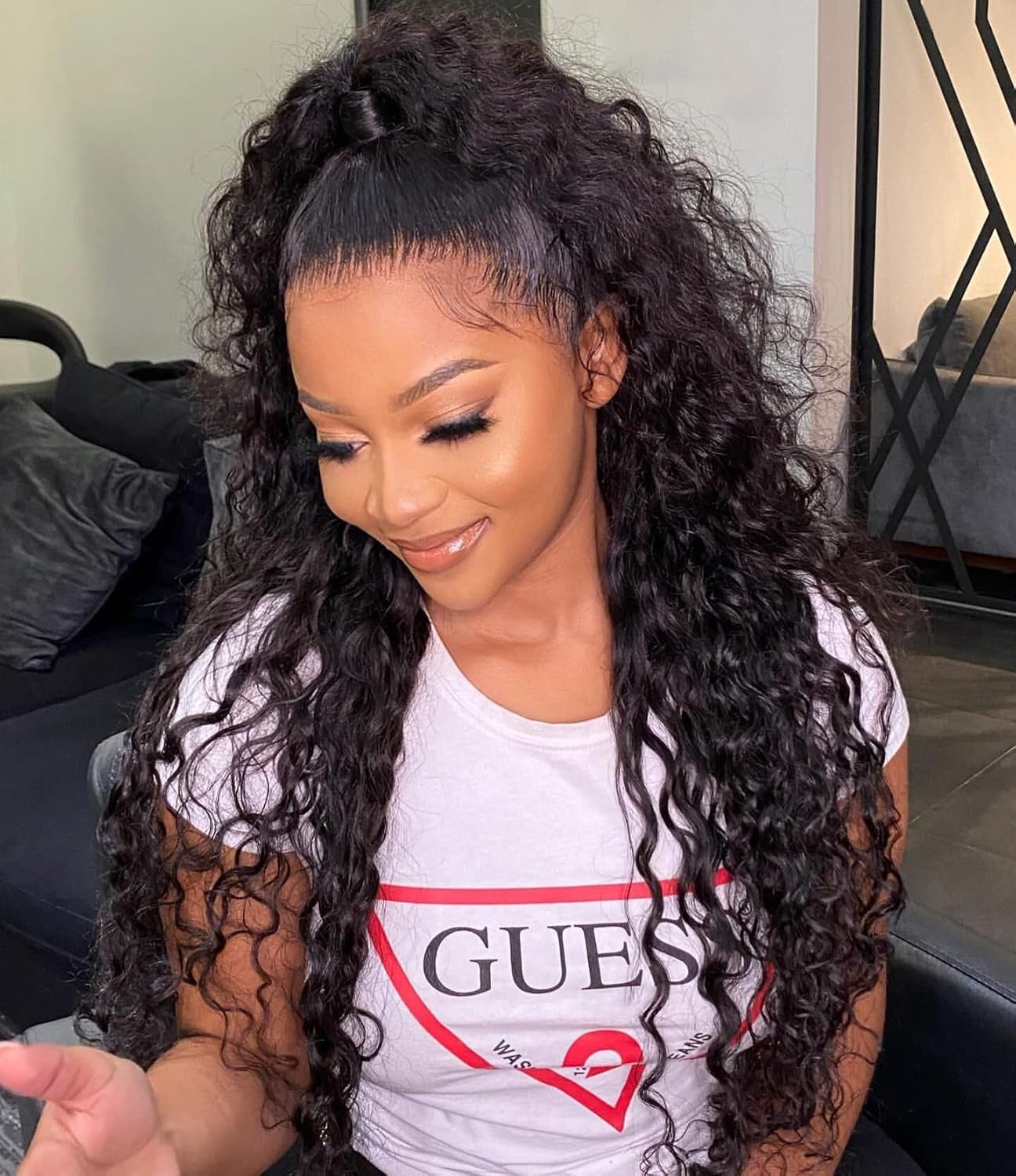 Curly Lace Front Wigs Black Deep Wave Glueless Lace Front Wig for Black Women Synthetic Heat Resistant Fiber Hair Wigs 24-26 Inch